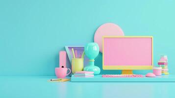 3d render illustration of workplace with computer screen, isolated on pastel color background with copy space. photo