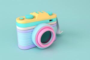 3D multicolored camera icon on pastel color tone with copy space background. photo