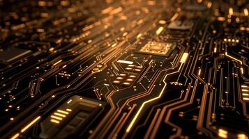 Futuristic processor circuit board. Modern orange and red neon light connecting line background. photo