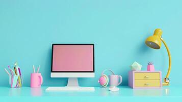 3d render illustration of workplace with computer screen, isolated on pastel color background with copy space. photo