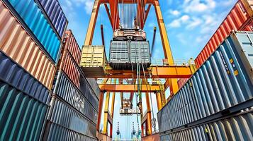 Stack of cargo containers for shipping concept. Crane loading freight container in the logistic port center. photo