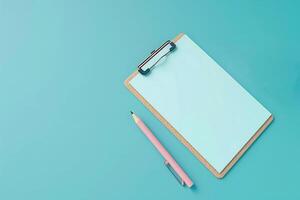 3D clipboard with pen, isolated on pastel color background with copy space. photo