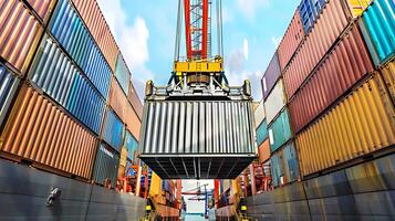 Stack of cargo containers for shipping concept. Crane loading freight container in the logistic port center. photo