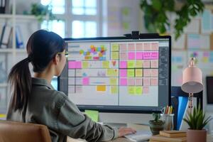 Remote Team Collaboration on Digital Kanban Board During Call for Efficient Project Management photo