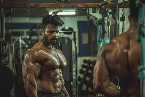Bodybuilder Performing Bicep Curls with Determined Expression in a Gym Setting for Fitness Motivation photo
