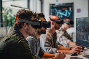 Innovative Team Brainstorming with Virtual Reality Headsets in Futuristic High-Tech Office photo