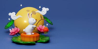 3d Rabbit holding lanterns on baked mooncake with lotus, full moon on night background. Chinese palace aside. Translation. Happy mid autumn festival. 3d render photo
