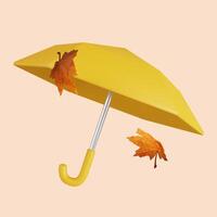 3d Autumn Umbrella with maple leaf. Golden fall. Season decoration. icon isolated on gray background. 3d rendering illustration. Clipping path. photo
