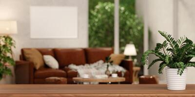 a top blank space with Living room with sofa and plant modern retro style 3d render, white wall, 3d render. photo