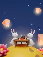 3d Rabbit drinking tea on the moon wit lotus and lanterns on night background. Chinese palace aside. Translation. Happy mid autumn festival. 3d render photo