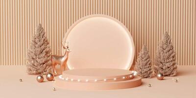 3d Christmas podium template design. Merry Christmas text with gold deer and pine tree elements for xmas mock up presentation background. photo