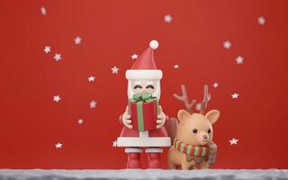 3D Christmas characters. Cute Santa Claus holding gift, reindeer render, New Year winter banner. Merry Christmas and Happy new year concept. photo