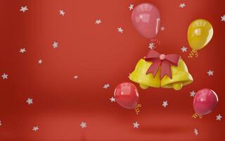 3d rendering Golden bell with a red bow, red balloon and yellow balloon, Merry Christmas and Happy new year concept. photo