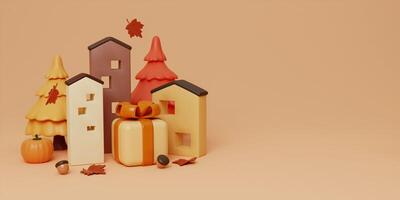 3d Autumn with fallen leaves, bench and pine tree. concept of autumn, winter and outdoors. copy space text, 3D rendering photo
