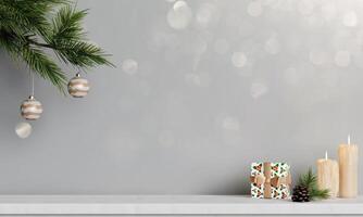 Christmas interior wall mockup with hanging pine branches with holiday decorations above rustic marble shelf on empty white background. 3D rendering, illustration. photo