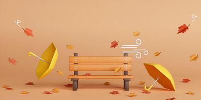 3d Autumn with fallen leaves, bench and umbrella. concept of autumn, winter and outdoors. copy space text, 3D rendering photo