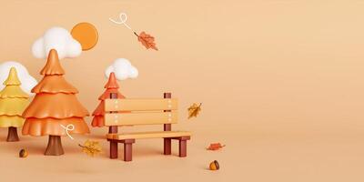 3d Autumn with fallen leaves, bench and pine tree. concept of autumn, winter and outdoors. copy space text, 3D rendering photo