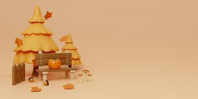 3d Autumn with fallen leaves, bench and pine tree. concept of autumn, winter and outdoors. copy space text, 3D rendering photo