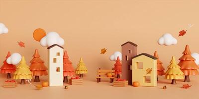 3d Autumn with fallen leaves, bench and pine tree. concept of autumn, winter and outdoors. copy space text, 3D rendering photo