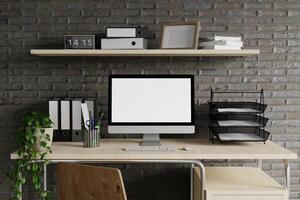 Minimalist workspace with a laptop mockup on a table in a minimal office. 3d render illustration photo