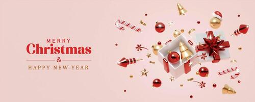 Christmas banner. Background Xmas design of sparkling lights garland, with realistic glitter gold confetti. square New Year poster, greeting card, header, website. 3d render photo