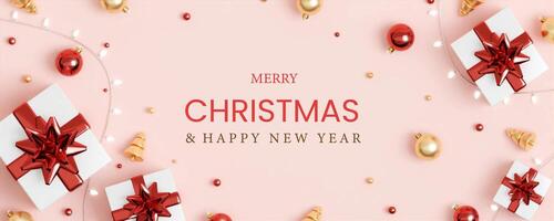 Christmas banner. Background Xmas design of sparkling lights garland, with realistic gifts box, glitter gold confetti. Horizontal New Year poster, greeting card, header, website. 3d render photo