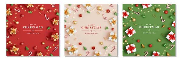 Set of Christmas with decoration ornaments elements on background. Realistic 3d design. Bright Christmas and New Year background light garlands, gold confetti. 3D illustration photo