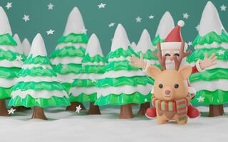 3D Christmas characters. Cute Santa Claus and reindeer render, trees with snow, . New Year winter banner. three dimensional illustration in plastic style. photo