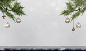 Christmas interior wall mockup with hanging pine branches with holiday decorations above rustic marble shelf on empty white background. 3D rendering, illustration. photo