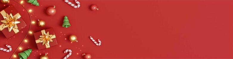 3d Christmas background. Template round studio space for objects festive design. Realistic 3d elements, candy, Xmas green tree, bokeh lights. 3D illustration photo