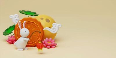 3d Rabbit holding lanterns with baked mooncake and lotus, full moon on yellow background. Chinese palace aside. Translation. Happy mid autumn festival. 3d render photo