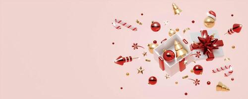 Christmas banner. Background Xmas design of sparkling lights garland, with realistic glitter gold confetti. square New Year poster, greeting card, header, website. 3d render photo