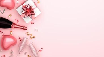 Happy Valentines day background with text copy space with realistic heart balloon, champagne and rose gold confetti. Top view. 3D rendering illustration photo