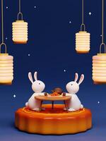 3d Rabbit drinking tea on the moon wit lotus and lanterns on night background. Chinese palace aside. Translation. Happy mid autumn festival. 3d render photo