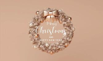 3d Christmas The Christmas Wreath template design. Merry Christmas text with gold deer and pine tree elements for xmas mock up presentation background. photo