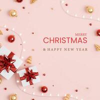 Christmas banner. Background Xmas design of sparkling lights garland, with realistic gifts box, glitter gold confetti. square New Year poster, greeting card, header, website. 3d render photo