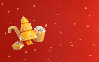 3d render of christmas tree, candy christmas, yellow gift, with red background and gold Snow covered, New Year winter banner. 3d rendering illustration. photo