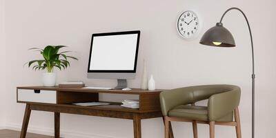 A modern PC computer blank screen mockup is on a table in a modern minimal home office. 3d render illustration photo