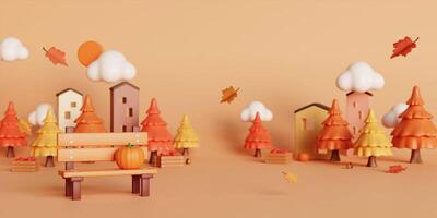 3d Autumn with fallen leaves, bench and pine tree. concept of autumn, winter and outdoors. copy space text, 3D rendering photo