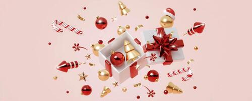 Christmas banner. Background Xmas design of sparkling lights garland, with realistic glitter gold confetti. square New Year poster, greeting card, header, website. 3d render photo