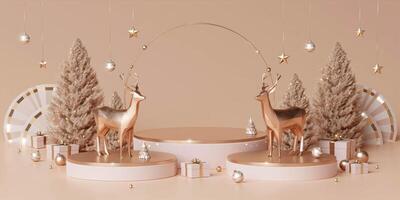 3d Christmas podium template design. Merry Christmas text with gold deer and pine tree elements for xmas mock up presentation background. photo