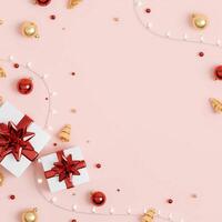 Christmas banner. Background Xmas design of sparkling lights garland, with realistic gifts box, glitter gold confetti. square New Year poster, greeting card, header, website. 3d render photo