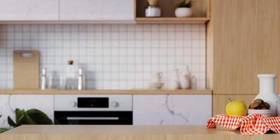 Stylish top tabletop on wooden platform with copy space at blurry kitchen utensils and dishes on light wall background. 3D render illustration photo