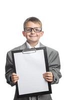 Small child dressed in business suit and glasses as businessman with clipboard photo