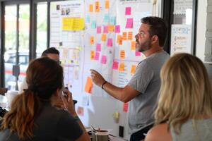Project Manager Leading Kickoff Meeting with Diverse Team Discussing Goals and Timelines photo
