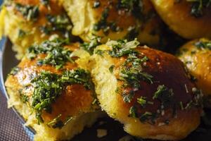 Close-up of garlic bread with parsley. Food photography for recipe and menu photo