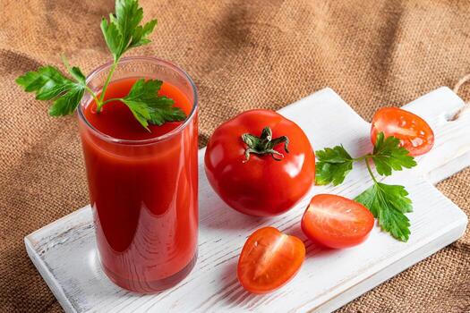 jugo de tomate dietético sobre fondo de lino. bebida saludable hecha de vegetales de granja. foto