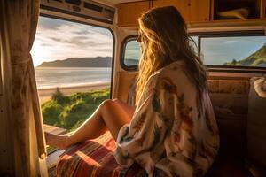 A woman in the camper van enjoying the view out the window on a bright morning photo