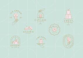 Bakery dessert labels with lettering in art deco style drawing on turquoise background vector