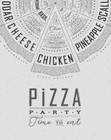 Poster featuring slices of various pizzas, chicken, seafood, pepperoni, cheese, margherita with recipes and names showcased in pizza party time to eat lettering, drawn on a grey background. vector
